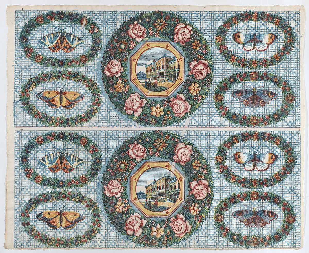 Sheet with two borders with landscapes and moths within wreaths — Remondini Family|Anonymous