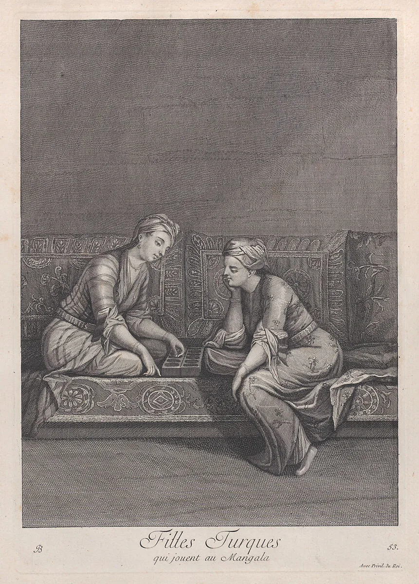 Filles Turques, qui jouent au Mangala, plate 53 from "Recueil de cent estampes représentent differentes nations du Levant" — Jean Baptiste Vanmour|Jacques le Hay