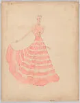 Drawing for a woman's theatrical costume with a striped pink gown — Vincente Minnelli