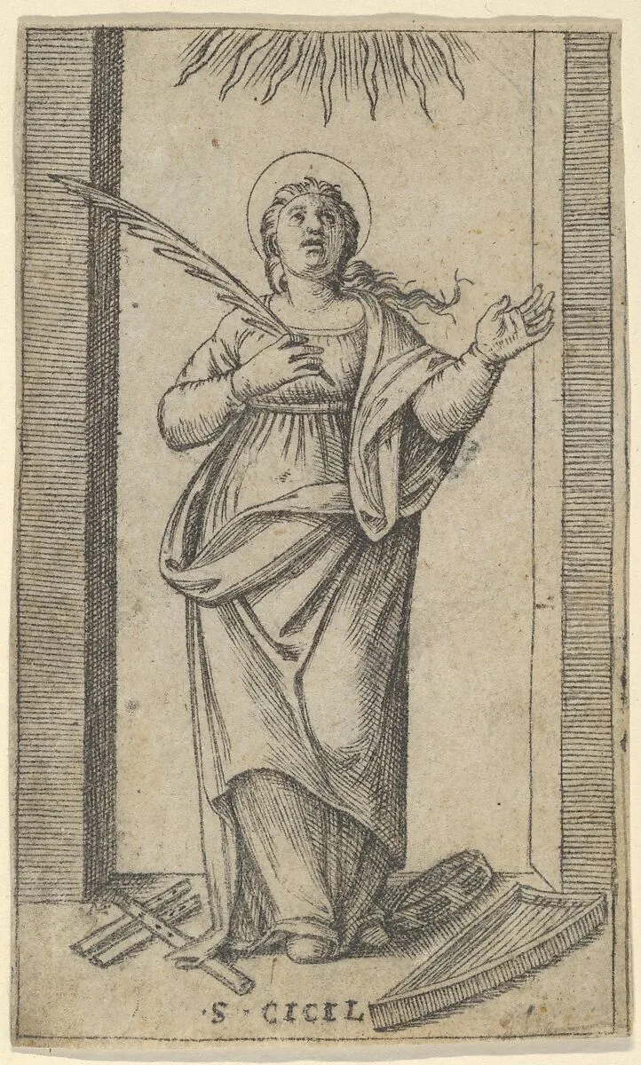 Saint Cecilia standing holding a palm of martyrdom in her right hand, from "Piccoli Santi" (Small Saints) — Marcantonio Raimondi