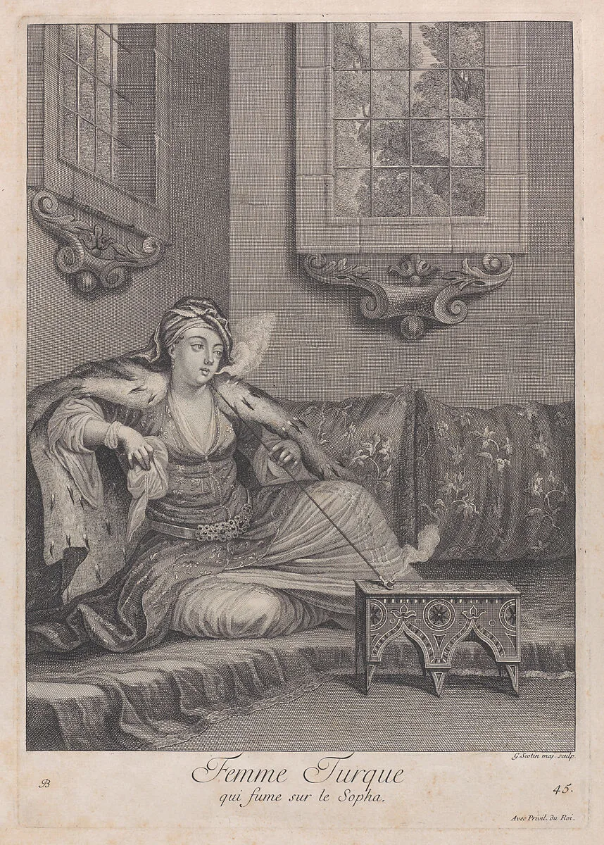 Femme Turque, qui fume sur le Sopha, plate 45 from "Recueil de cent estampes représentent differentes nations du Levant" — Gérard Jean Baptiste Scotin I|Jean Baptiste Vanmour|Jacques le Hay