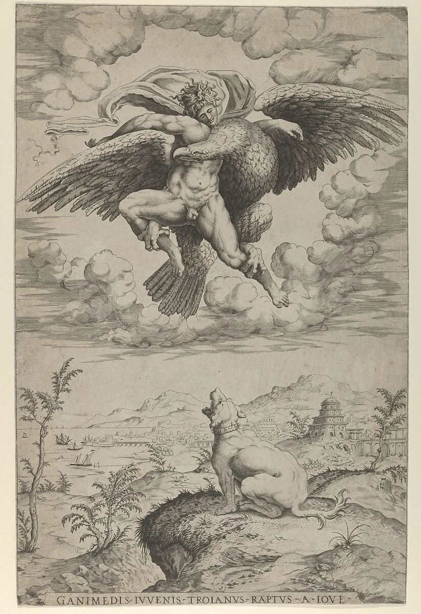 The Rape of Ganymede by Jupiter in the guise of an eagle carrying him into the heavens, his dog barking below — Michelangelo Buonarroti|Nicolas Beatrizet