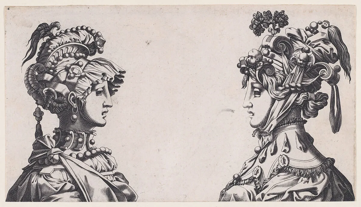 Fantastical Masked Female Heads — René Boyvin|Rosso Fiorentino