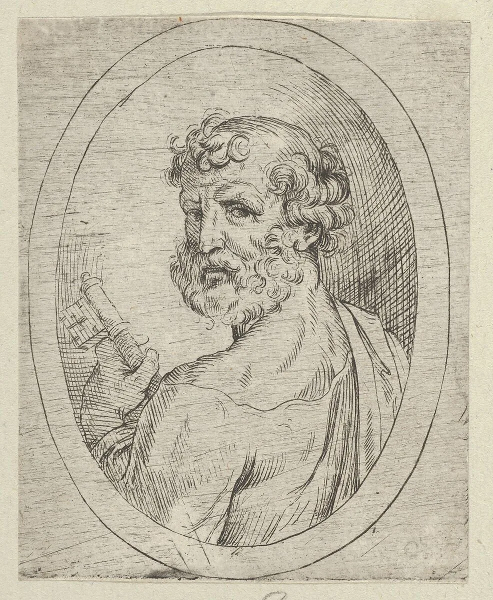 Saint Peter seen from behind, turning to face outwards and holding a key, in an oval frame, from "Christ, the Virgin, and Thirteen Apostles" — Anonymous, 17th century|Guido Reni