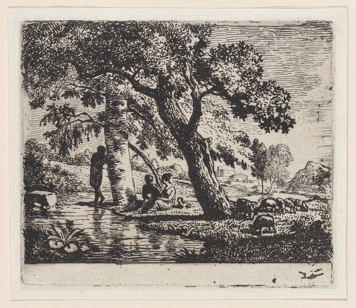 Three figures seated beneath a tree with a body of water at left and sheep at right — Jean Louis de Marne (called Demarnette)