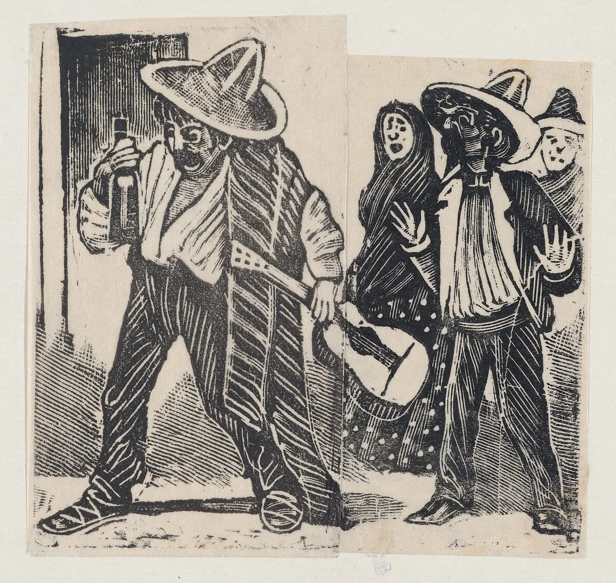 A man holding a bottle and guitar and another man with both hands raised, from a broadside entitled 'Versos de lino matadas', published by Antonio Vanegas Arroyo — José Guadalupe Posada