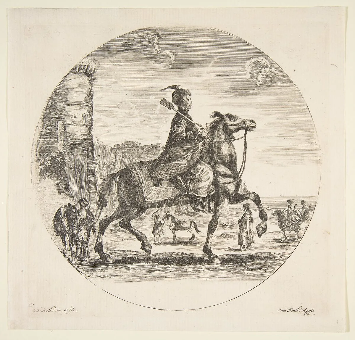 Polish horseman in profile facing right, a tower and other figures on horses in background, a circular composition, from 'Figures on Horseback' (Cavaliers nègres, polonais et hongrois) — Stefano della Bella