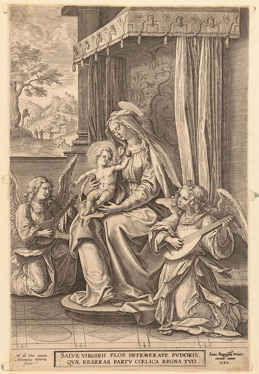 Virgin and Child Enthroned with Two Musical Angels — Jan (Johannes) Wierix|Maerten de Vos