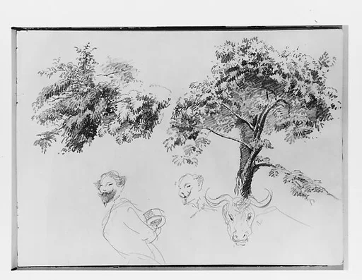 Trees and Foliage, Head of a Bull, Man (from Switzerland 1870 Sketchbook)