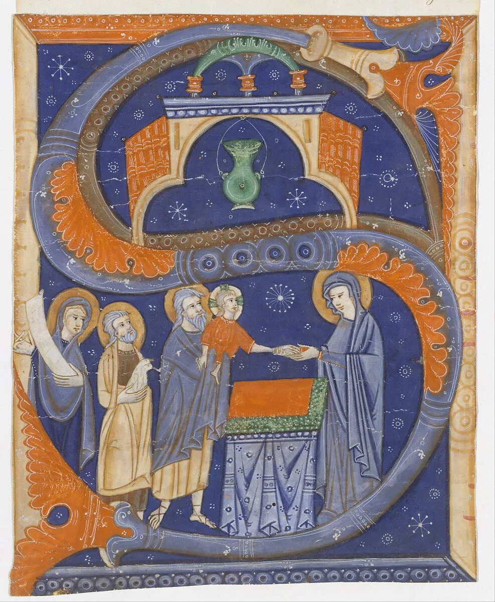 Manuscript Illumination with the Presentation of Christ in the Temple in an Initial S, from a Gradual — Master of Bagnacavallo