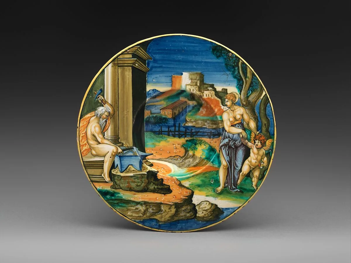 Wide-rimmed bowl with Vulcan Forging Arms with Venus and Cupid — Fra Xanto Avelli da Rovigo