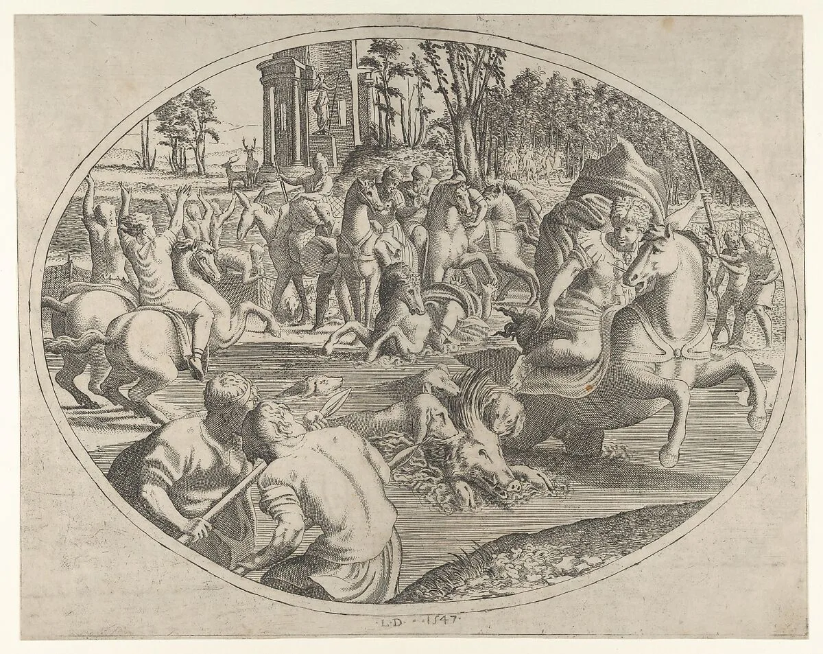 Young Man Hunting a Wild Boar, from "Three Prints on Hunting and Fishing" — Léon Davent|Francesco Primaticcio