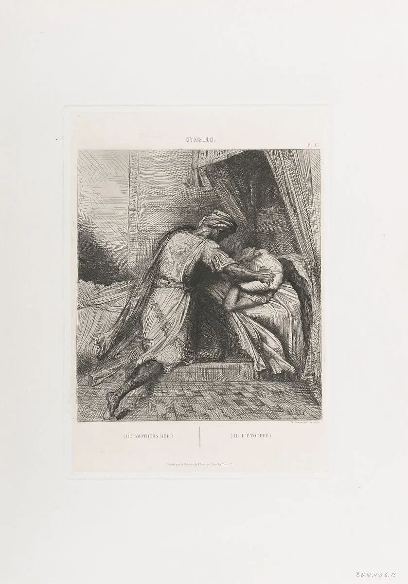 "He smothers her": plate 13 from Othello (Act 5, Scene 2) — Théodore Chassériau|William Shakespeare