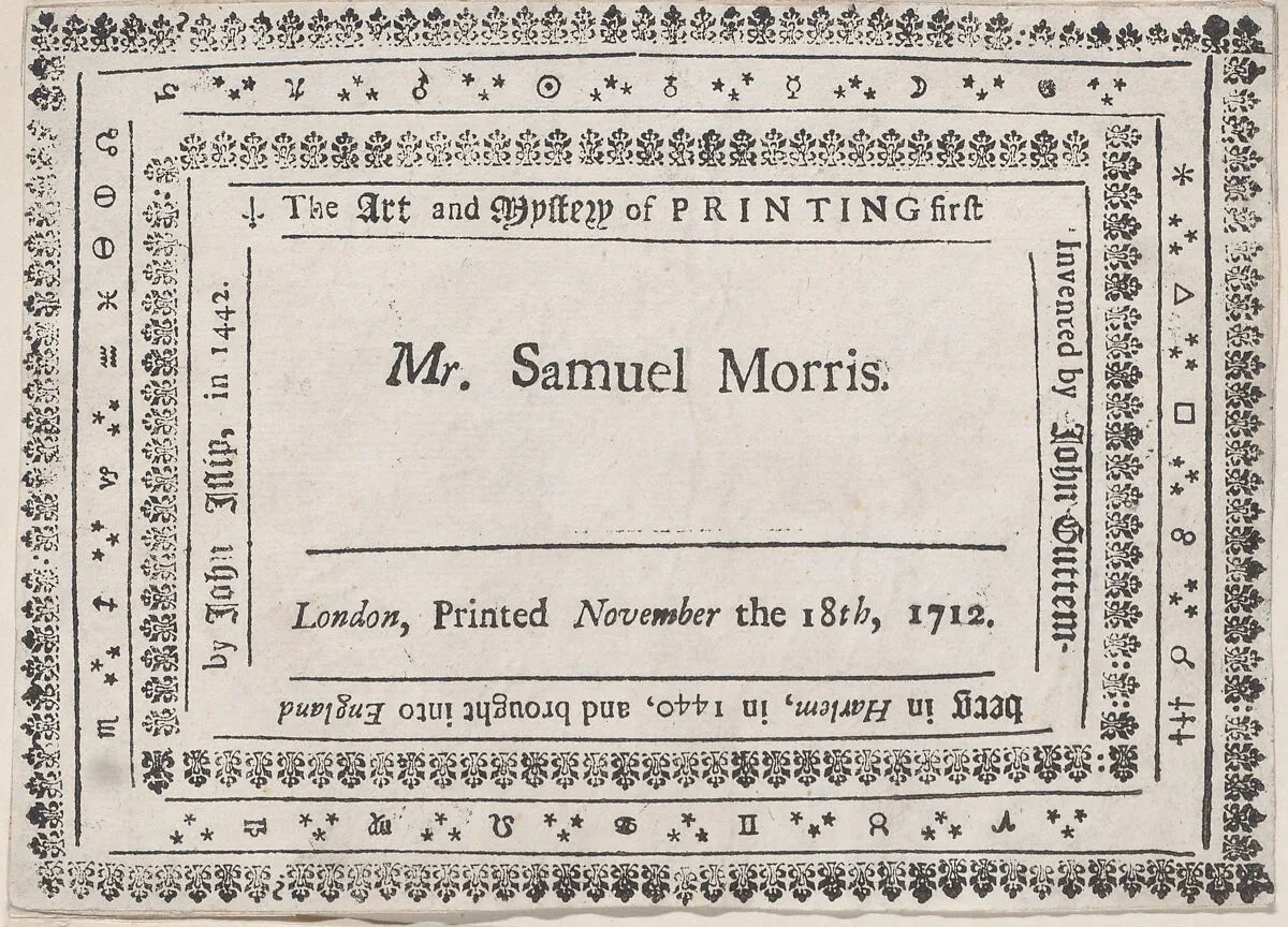 Trade Card for Mr. Samuel Morris — Anonymous, British, 18th century