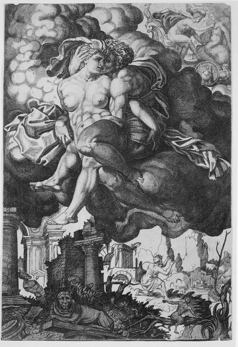 Ixion attempting to seduce Juno, surrounded by clouds with ruins below — Giovanni Jacopo Caraglio|Perino del Vaga (Pietro Buonaccorsi)
