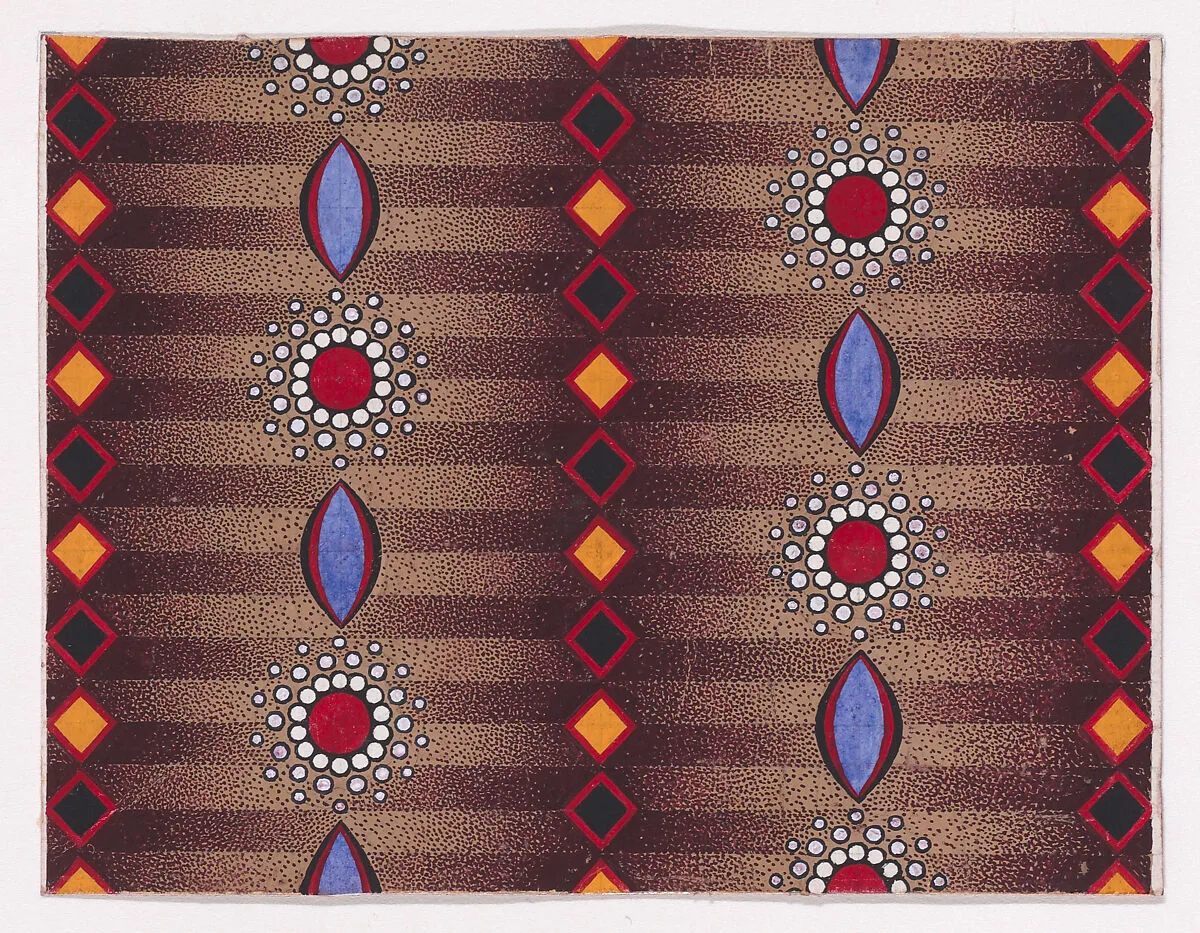 Textile Design with Vertical Strips of Alternating Lens-Shapes and Circles Framed by Pearls Separated by Vertical Strips of Lozenges over a Striped Background — Anonymous, Alsatian, 19th century