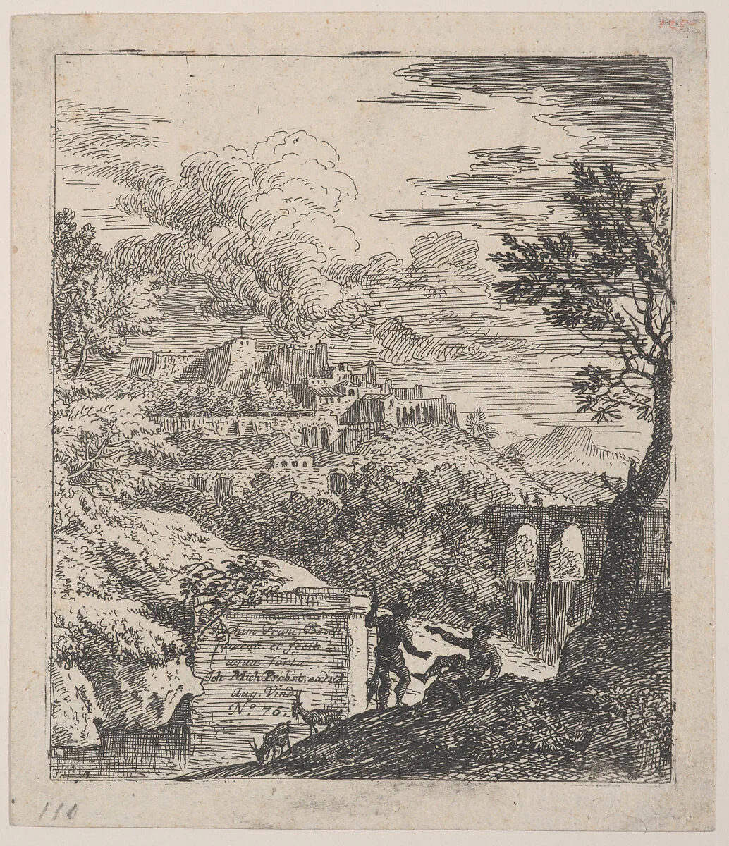Two shepherds resting next to a pedestal, an aqueduct at right in the background, and a city on a hill at left in the background, from 'Landscapes in the manner of Gaspar Dughet' — Franz Joachim Beich|Johann Michael Probst I