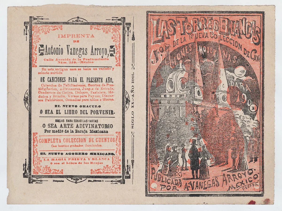 Cover for 'Las Torres Blancas', a group of people walking and looking up at two white towers — Antonio Vanegas Arroyo|José Guadalupe Posada