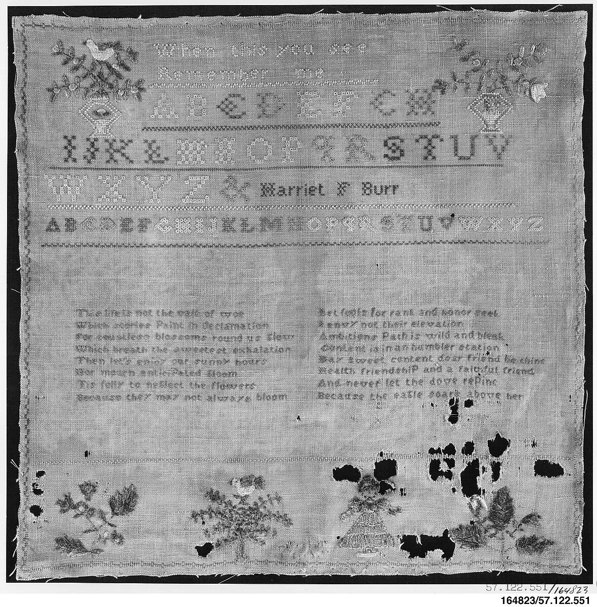 Embroidered sampler — Harriet F. Burr