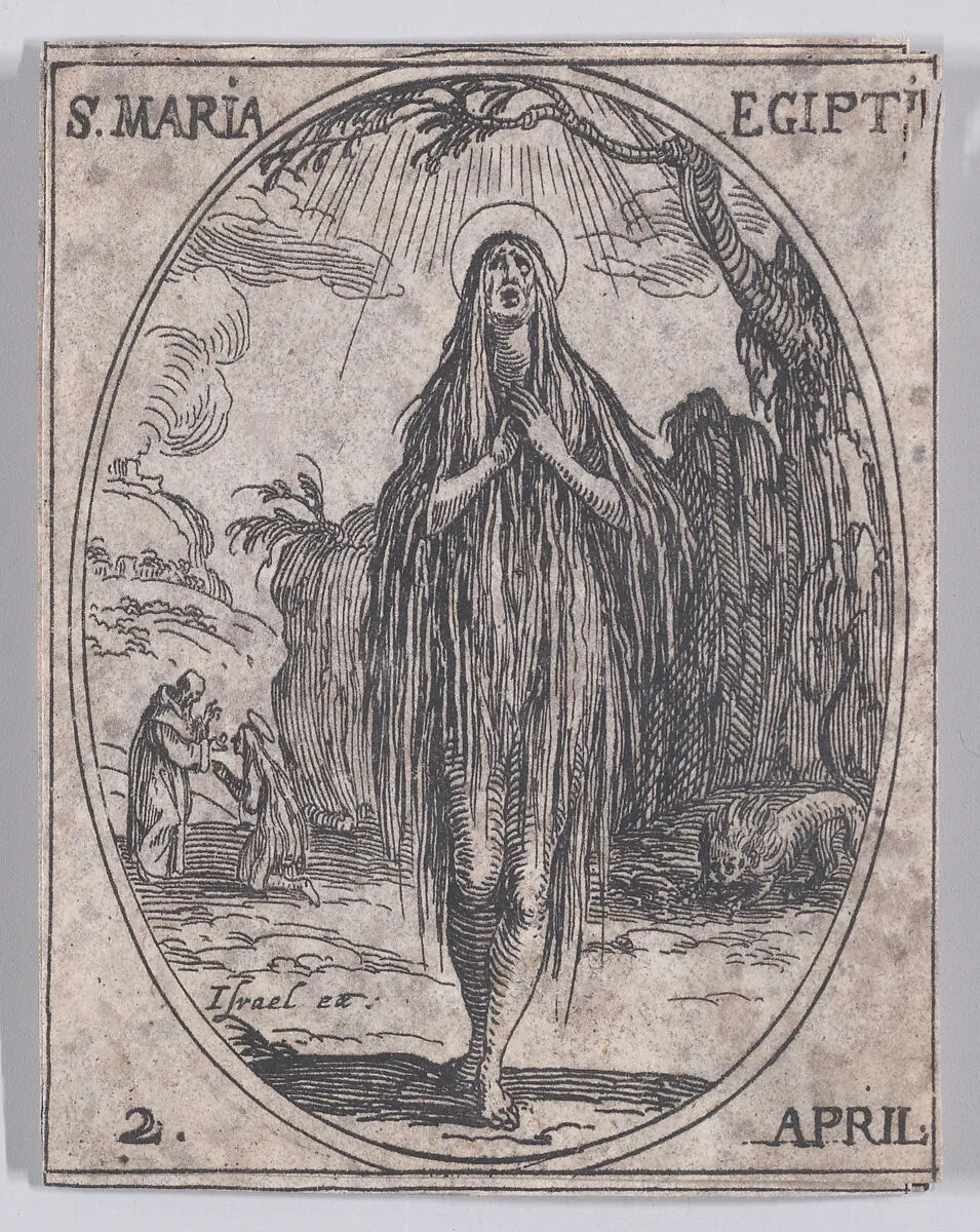 S. Marie Egyptienne (St. Mary of Egypt), April 2nd, from "Les Images De Tous Les Saincts et Saintes de L'Année" (Images of All of the Saints and Religious Events of the Year) — Jacques Callot|Israël Henriet
