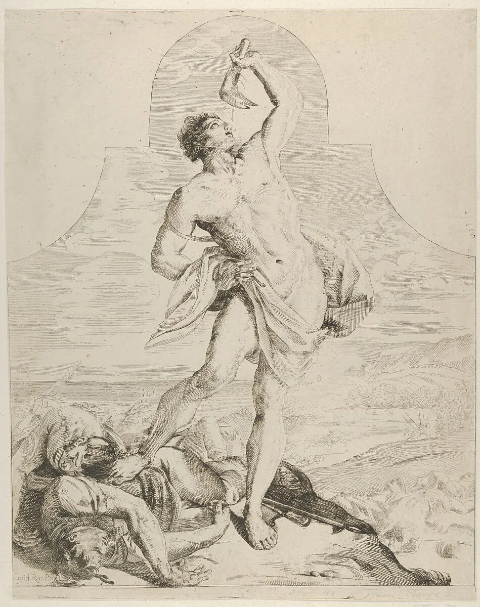 Samson holding the jaw bone of an ass over his head and standing next to the Philistines he has just killed, more dead bodies in the background, a tapered composition with rounded top, after Reni — Guido Reni|Flaminio Torre (Torri)