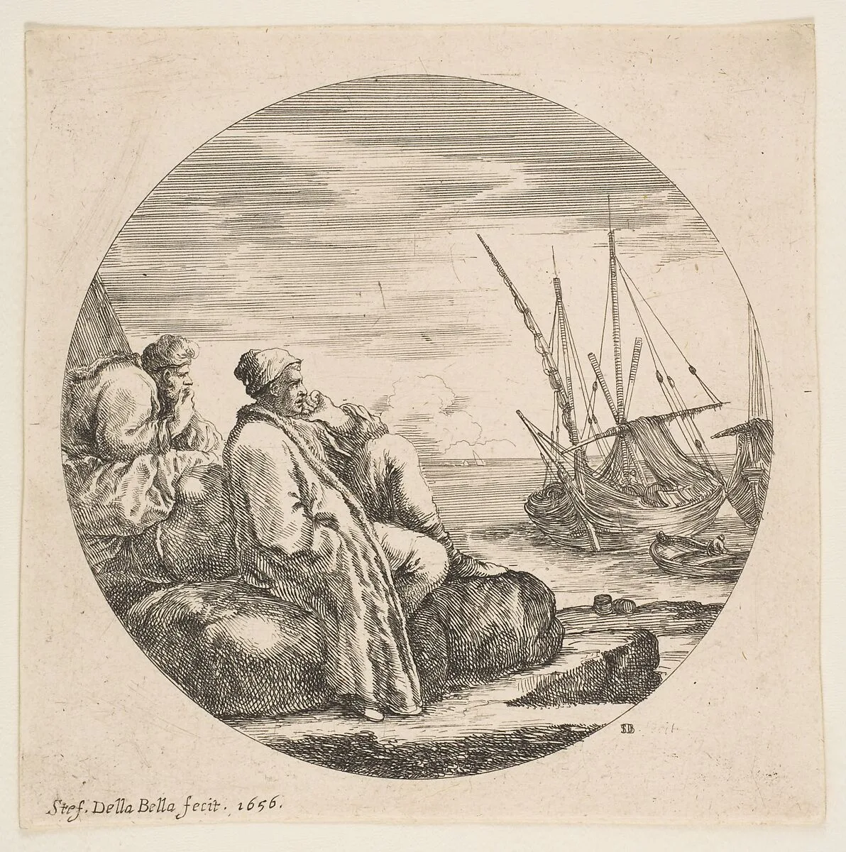 Two Turkish Merchants in a Port, from "Landscapes and seaports" (Paysages et ports de mer, dans des ronds) — Stefano della Bella