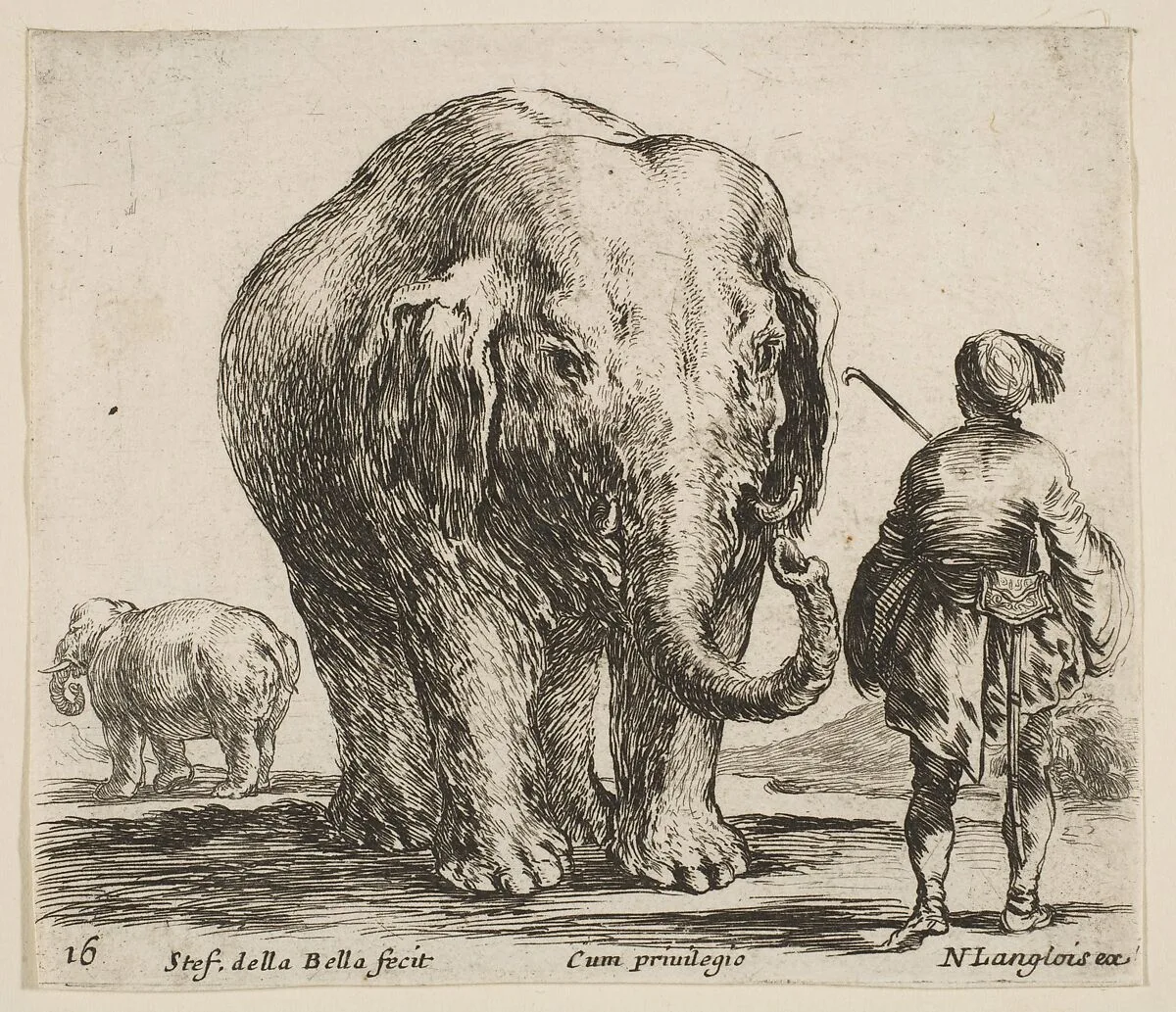 An elephant in center, his mahout standing to the right wearing an Oriental costume, another elephant to left in background, plate 16 from "Diversi capricci" — Stefano della Bella|Nicolas Langlois