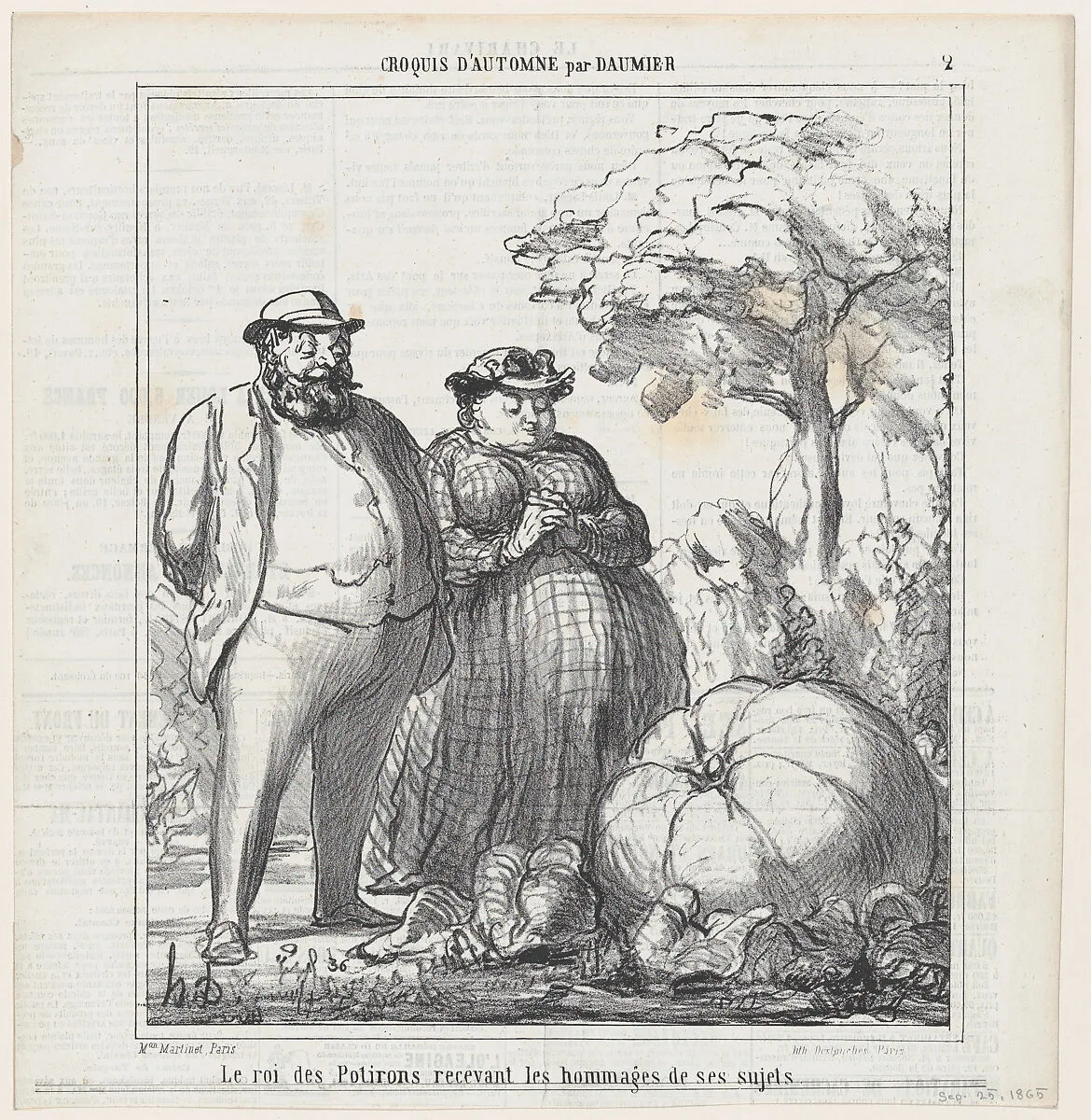 The king of pumpkins receiving the homage of his subjects, from 'Autumn sketches,' published in Le Charivari, September 23, 1865 — Honoré Daumier|Aaron Martinet|Destouches