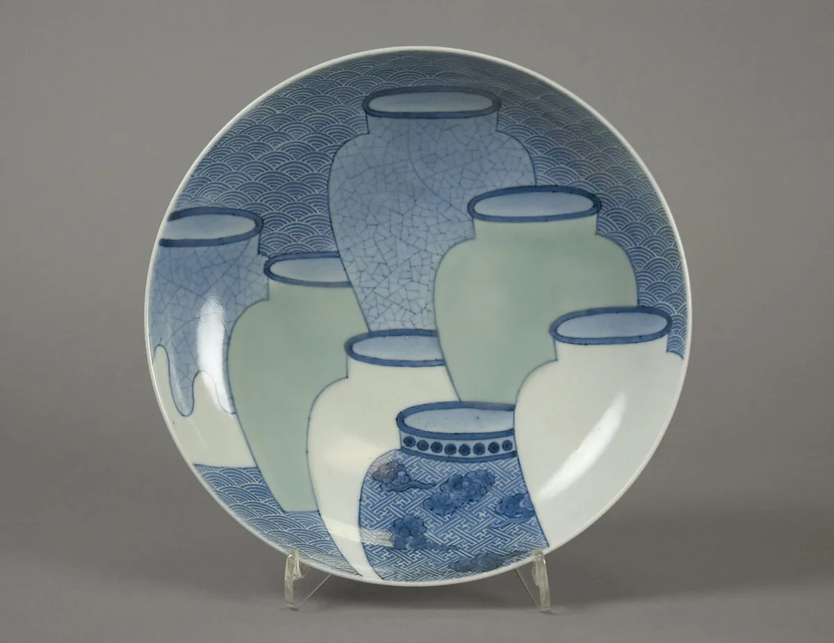 青磁染付七壺文皿|Dish with Design of Seven Jars — Unknown