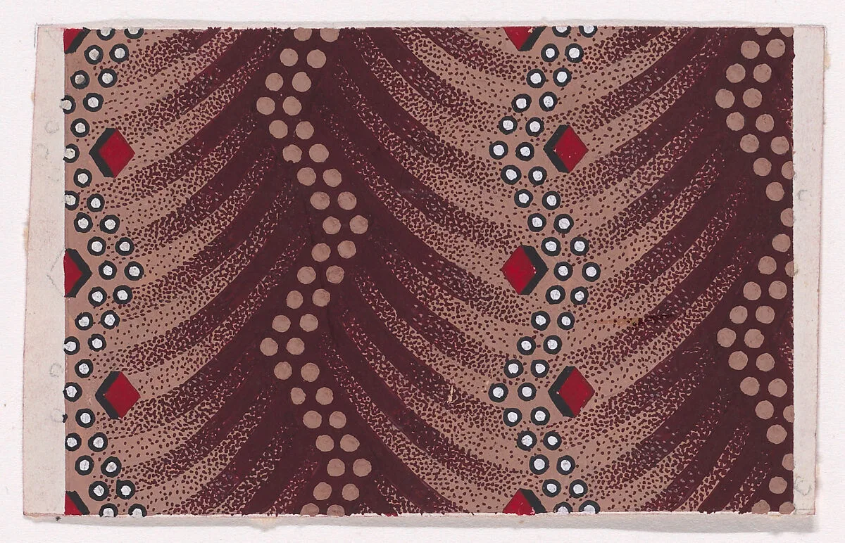 Textile Design with Alternating Vertical Zig-Zagging Strips of Dots and Zig-Zagging Strips of Pearls with Alternating Lozenges over a Background of Overlapping Scales — Anonymous, Alsatian, 19th century