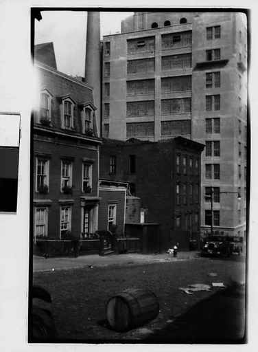 [View from Across Street of Evans's Apartment House, 48 Columbia Heights, Brooklyn, New York]