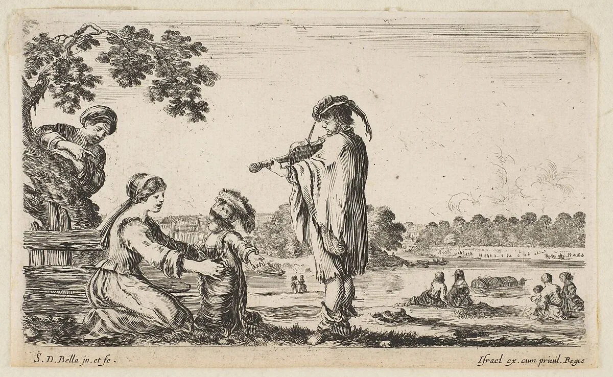 A man playing the violin in center, turned towards the left in profile, a seated woman to left playing with her dancing child, another woman standing and pointing behind a tree to left, seated women in a landscape to right in the background, from "Various figures and lands" (Diverse figure e paesi) — Stefano della Bella|Israël Henriet