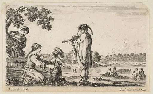 A man playing the violin in center, turned towards the left in profile, a seated woman to left playing with her dancing child, another woman standing and pointing behind a tree to left, seated women in a landscape to right in the background, from "Various figures and lands" (Diverse figure e paesi)