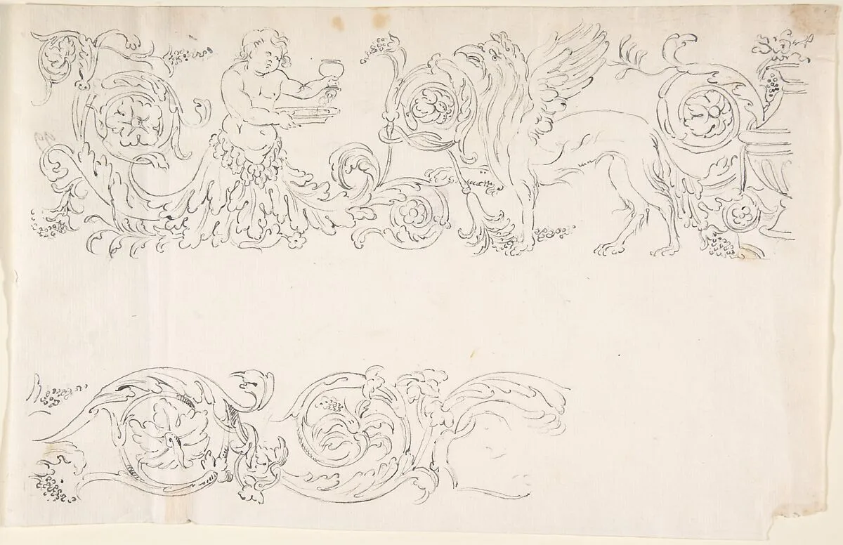 Designs for Decorative Borders with Floral Ornamentation and a Putto and Griffin — Anonymous, Italian, 17th century