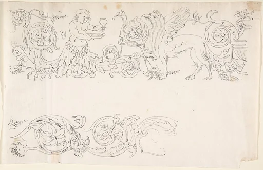 Designs for Decorative Borders with Floral Ornamentation and a Putto and Griffin