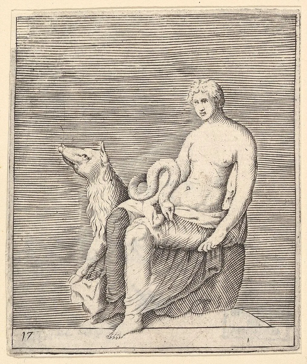 Figure with Pig and Serpent, from "Ex Antiquis Cameorum et Gemmae Delineata/ Liber Secundus/et ab Enea Vico Parmen Incis" — Francesco Angeloni|Battista Franco|Philippe Thomassin|Enea Vico|Anonymous, Italian, 16th century
