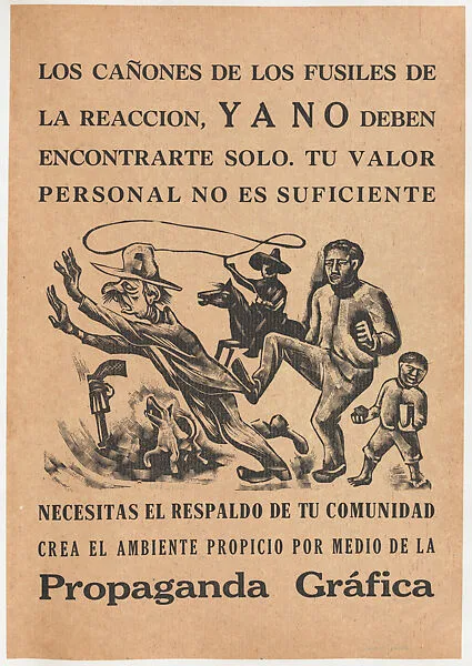 Flyer relating to unifying communities against the resistance, older farmworker being kicked to the ground by a younger man — José Chávez Morado