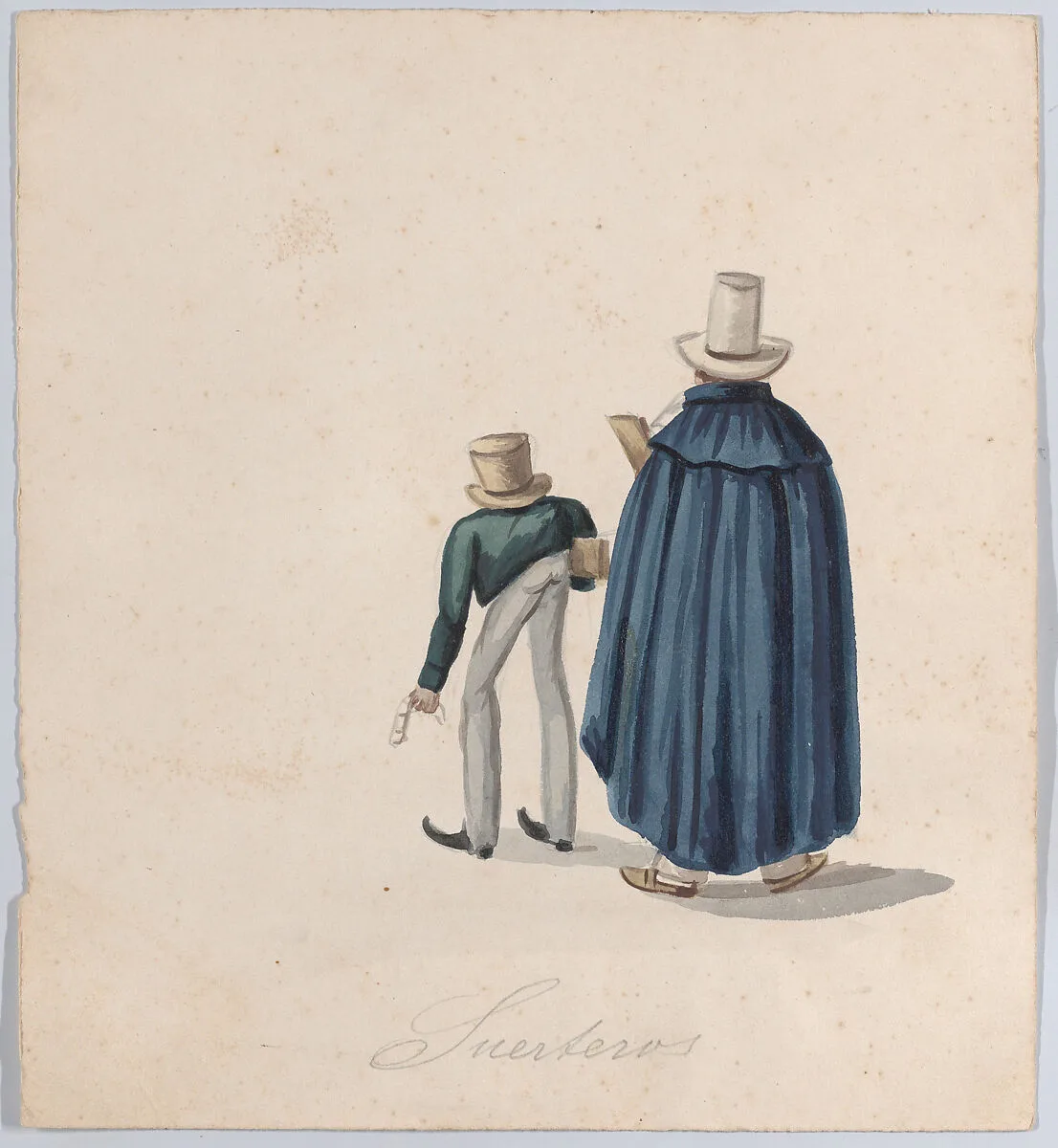 Two fortune tellers (?) wearing top hats viewed from behind, from a group of drawings depicting Peruvian dress — Francisco (Pancho) Fierro