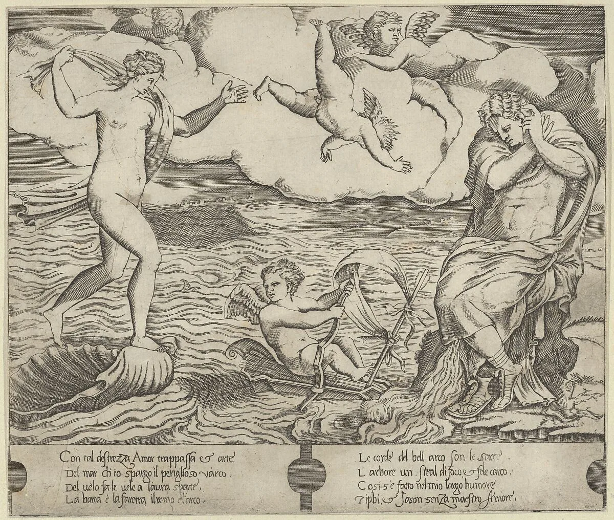 Venus riding a conch at left and cowering man (Jason) at right, Eros riding a makeshift boat holding a bow between them — Anonymous, 16th century|Agostino Veneziano (Agostino dei Musi)|Raphael (Raffaello Sanzio or Santi)