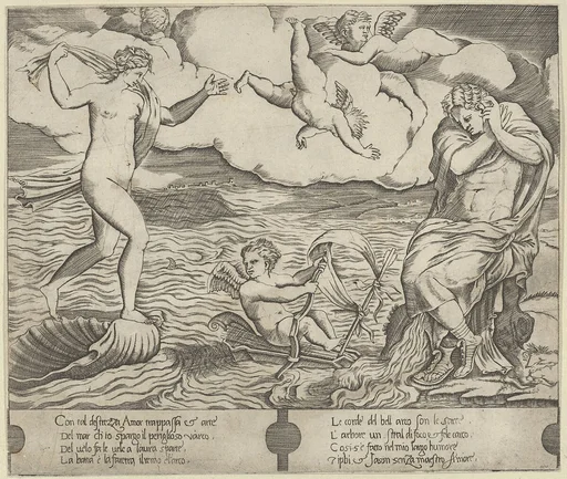 Venus riding a conch at left and cowering man (Jason) at right, Eros riding a makeshift boat holding a bow between them