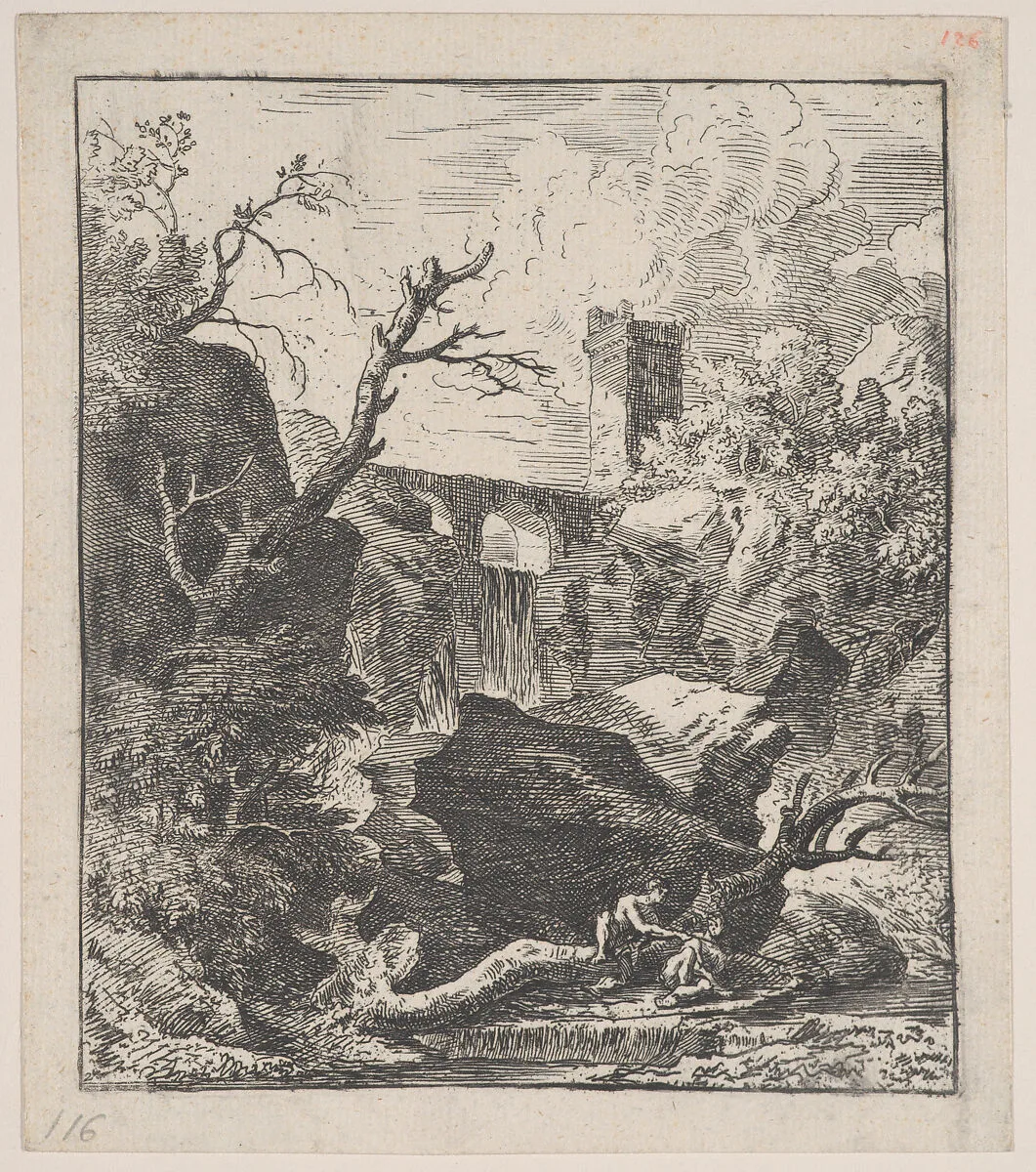 Plate 2: two figures sitting on a tree trunk on the bank of a stream in foreground, an aqueduct and tower in the background, from 'Landscapes in the manner of Gaspar Dughet' — Franz Joachim Beich