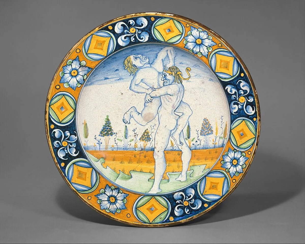 Dish (piatto); The story of Hercules: Hercules lifts the giant Antaeus clear of the Earth, his mother, from whom he derived his phenomenal strength — Unknown