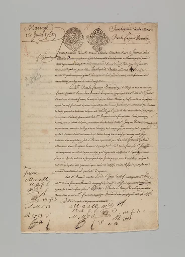 Marriage Contract Between Jean Baptiste Claude Allevin, Gunmaker, and Barbe Françoise Bernard, Paris, July 13, 1759