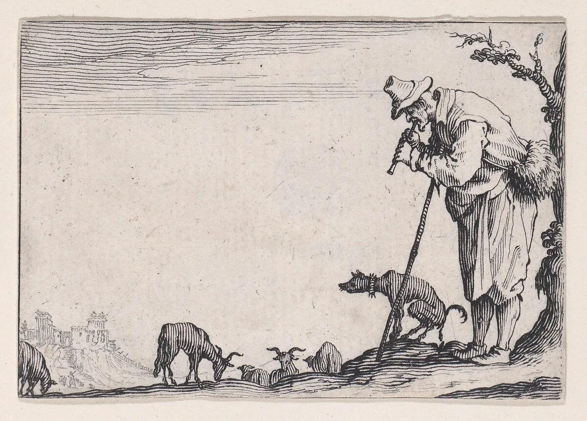 Le Berger Jouant de la Flute (The Shepherd Playing the Flute), from Les Caprices Series A, The Florence Set — Jacques Callot|Lorenzo de' Medici