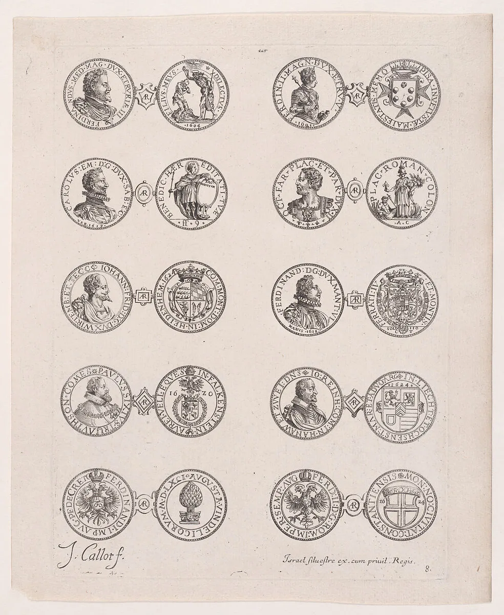 8th Plate, Featuring 10 Coins Issued by European Princes in the 16th and 17th centuries, from Les Monnaies (The Currencies) — Jacques Callot|Israel Silvestre