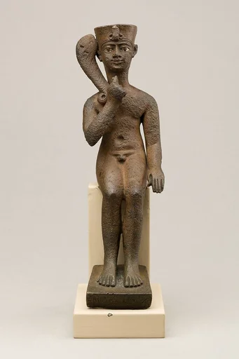 Seated Harpokrates with the crown of Amun, named as "Harpokrates-the-great, the eldest, the first of Amun"