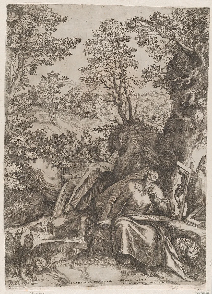 St Jerome Translating the Bible in the Wilderness — Cornelis Cort|Girolamo Muziano|Bonifazio Breggio