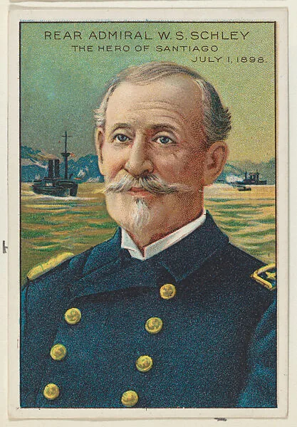 Rear Admiral Winfield Scott Schley, The Hero of Santiago, July 1, 1898, from the "Heroes of History" series (T68), issued with Miners Extra Smoking Tobacco, Natural Leaf Scrap, and Royal Bengals Little Cigars — Royal Bengals Little Cigars|Winfield Scott Schley