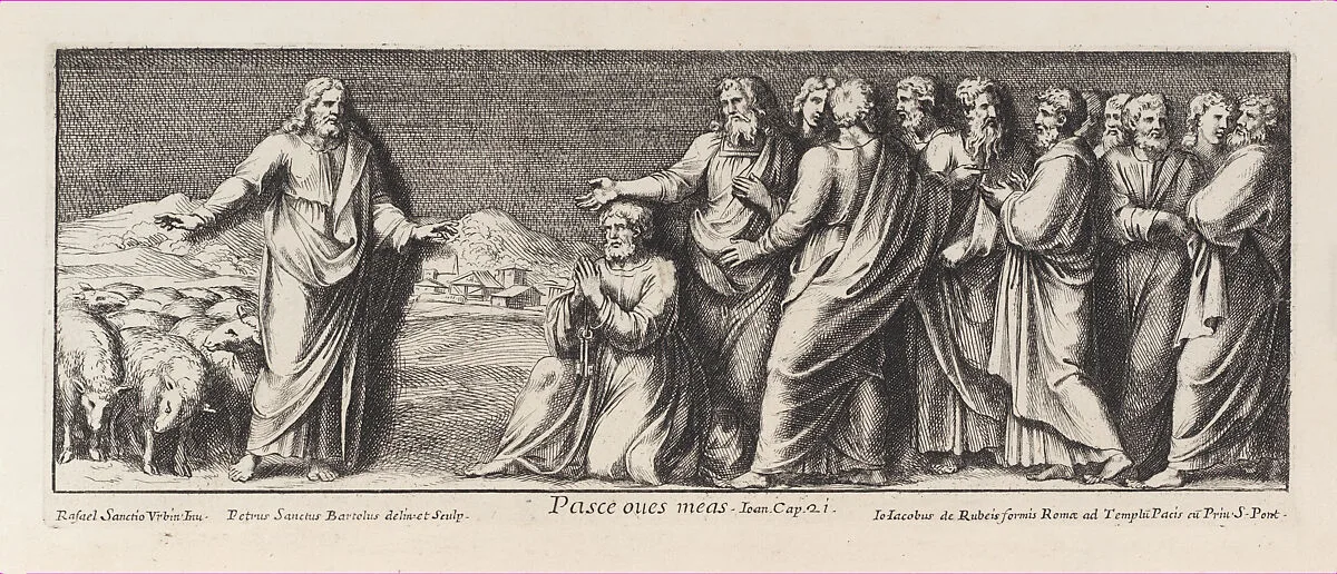 The naming of Saint Peter as Head of the Church, after Raphael's Stanza dell'incendio del Borgo, from a series of 15 plates, depicting Raphael's works for the Vatican stanze and the Sistine Chapel tapestries — Pietro Santi Bartoli|Raphael (Raffaello Sanzio or Santi)|Giovanni Giacomo De Rossi