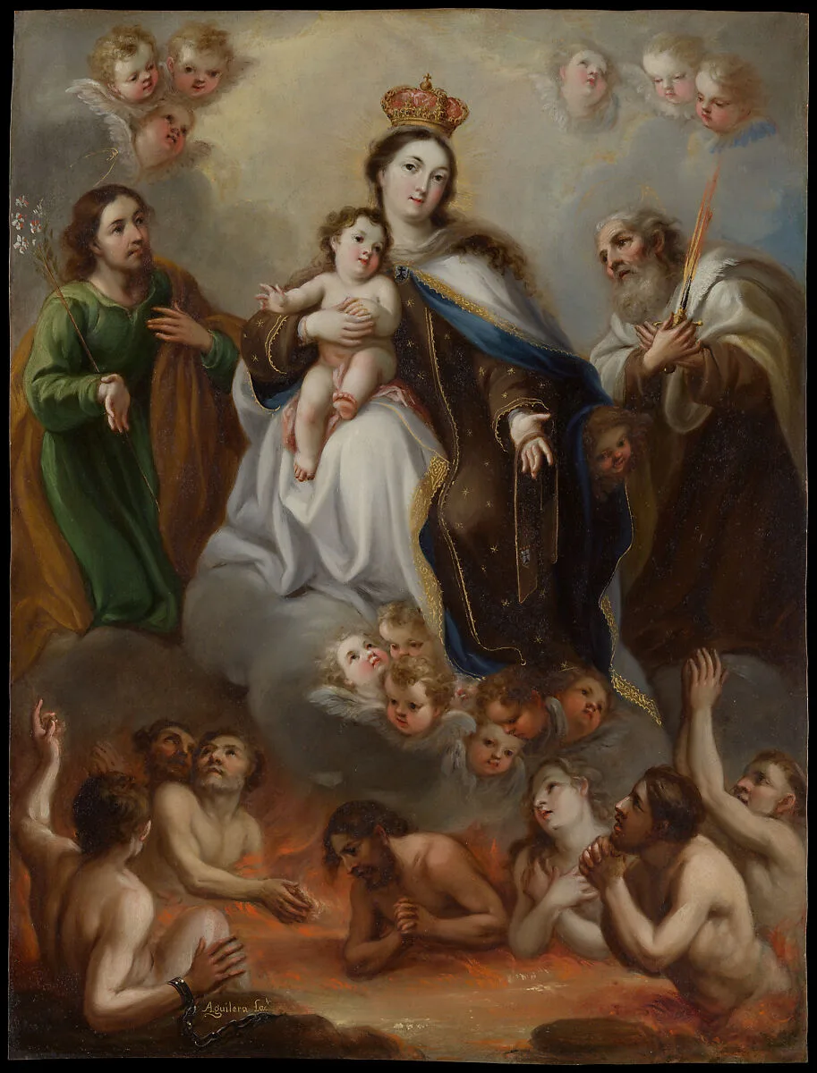 The Virgin of Carmen and the Souls of Purgatory with St. Joseph and the Prophet Elijah — Juan Francisco de Aguilera